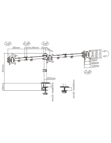 Gembird Biurkowe Regulowane Ramię/Uchwyt Na 3 Monitory 17-27, 100X100Mm, Do 7Kg
