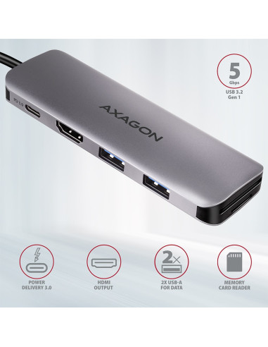 Axagon Hmc-5 Stacja Dokująca Przewodowa Usb 3.2 Gen 1 (3.1 Gen 1) Type-C Szary