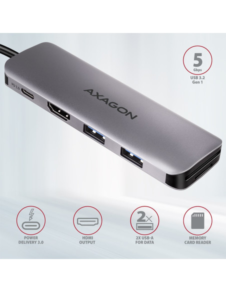 Axagon Hmc-5 Stacja Dokująca Przewodowa Usb 3.2 Gen 1 (3.1 Gen 1) Type-C Szary