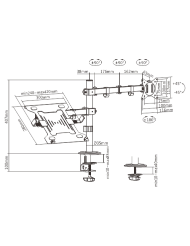 Gembird Biurkowe Regulowane Ramię/Uchwyt Z Ramieniem Na Monitor I Podstawką Na Notebooka 17-32, 100X100Mm, Do 9Kg