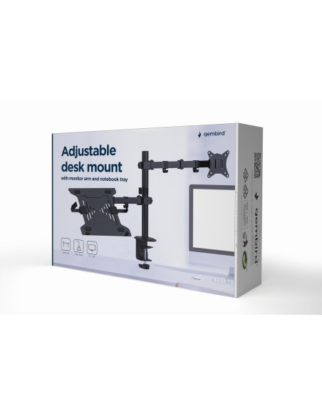 Gembird Biurkowe Regulowane Ramię/Uchwyt Z Ramieniem Na Monitor I Podstawką Na Notebooka 17-32, 100X100Mm, Do 9Kg
