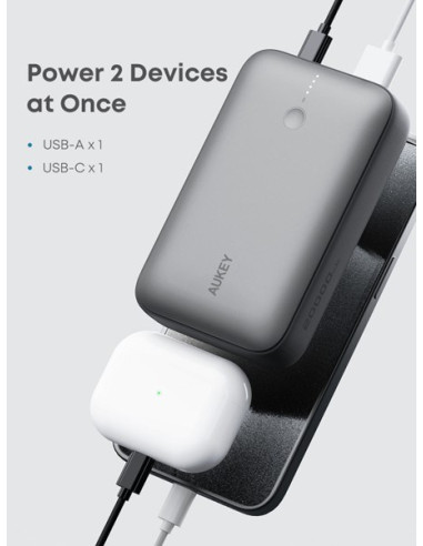 Aukey Powerbank 20 000 Mah, Usb-C 22,5W, Usb-A,Mini, Szary