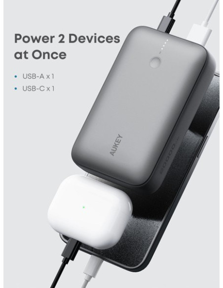 Aukey Powerbank 20 000 Mah, Usb-C 22,5W, Usb-A,Mini, Szary