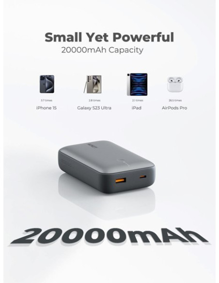 Aukey Powerbank 20 000 Mah, Usb-C 22,5W, Usb-A,Mini, Szary