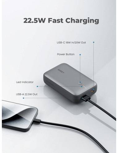 Aukey Powerbank 20 000 Mah, Usb-C 22,5W, Usb-A,Mini, Szary