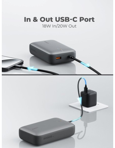 Aukey Powerbank 20 000 Mah, Usb-C 22,5W, Usb-A,Mini, Szary
