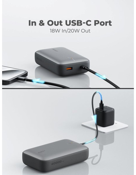 Aukey Powerbank 20 000 Mah, Usb-C 22,5W, Usb-A,Mini, Szary