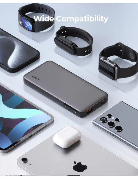Aukey Powerbank 10 000 Mah, Usb-C Pd 30W, Usb-A 22W, Szary