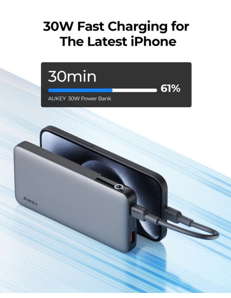 Aukey Powerbank 10 000 Mah, Usb-C Pd 30W, Usb-A 22W, Szary