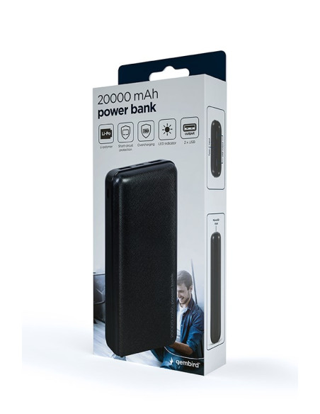 Gembird Powerbank 20000 Mah 2X Usb, Czarny
