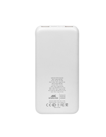 Rivacase Powerbank 10.000 Mah Usb-C 20W + Qi 10W, 1X We/Wy Usb-C 20W, 2X Usb-A Qc18W, Wejście Micro-Usb,Indukcja Qi 10W,Biały