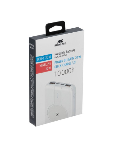 Rivacase Powerbank 10.000 Mah Usb-C 20W + Qi 10W, 1X We/Wy Usb-C 20W, 2X Usb-A Qc18W, Wejście Micro-Usb,Indukcja Qi 10W,Biały