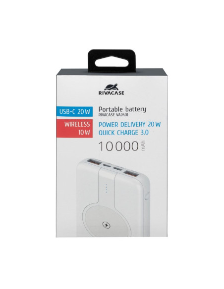 Rivacase Powerbank 10.000 Mah Usb-C 20W + Qi 10W, 1X We/Wy Usb-C 20W, 2X Usb-A Qc18W, Wejście Micro-Usb,Indukcja Qi 10W,Biały