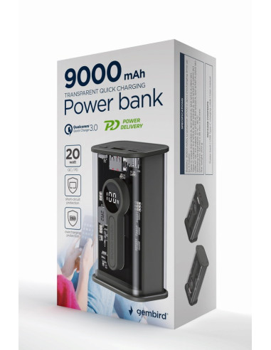 Gembird Powerbank 9000 Mah Transparentny, Szybkie Ładowanie Qc3.0, 9000 Mah, Czarny
