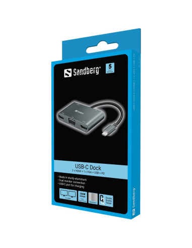 Sandberg Usb-C Dock 2Xhdmi+1Xvga+Usb+Pd