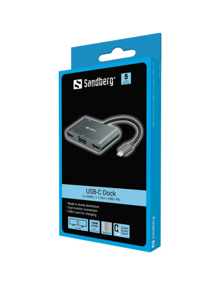 Sandberg Usb-C Dock 2Xhdmi+1Xvga+Usb+Pd