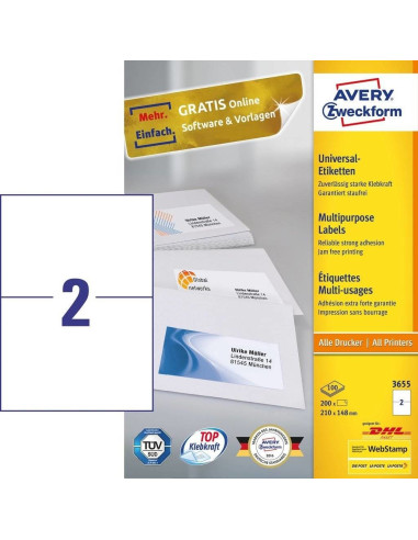 Avery 3655 Samoprzylepne Etykiety Prostokąt Na Stałe Biały 200 Szt.