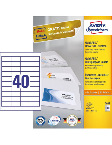 Avery 3657 Samoprzylepne Etykiety Prostokąt Na Stałe Biały 4000 Szt.
