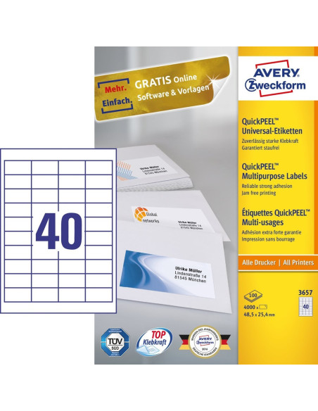 Avery 3657 Samoprzylepne Etykiety Prostokąt Na Stałe Biały 4000 Szt.