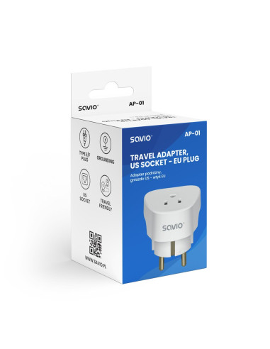 Savio Adapter Podróżny, Gniazdo Us – Wtyk Eu Ap-01