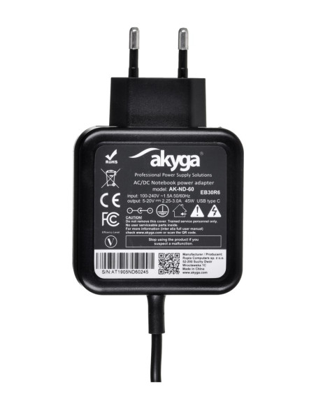 Zasilacz Sieciowy Akyga Ak-Nd-60 Do Notebooka (20 V  2,25 A, 2,31 A, 2,37 A, 2,64 A, 3,0 A  45W  Usb Typ C )