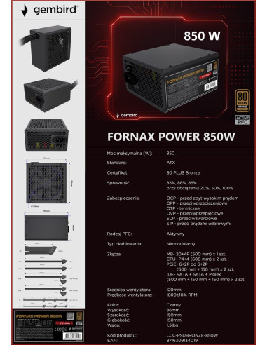 Gembird Zasilacz Komputerowy Fornax Power 80+ Bronze Atx, 850W, Aktywne Pfc, 12Cm Wentylator
