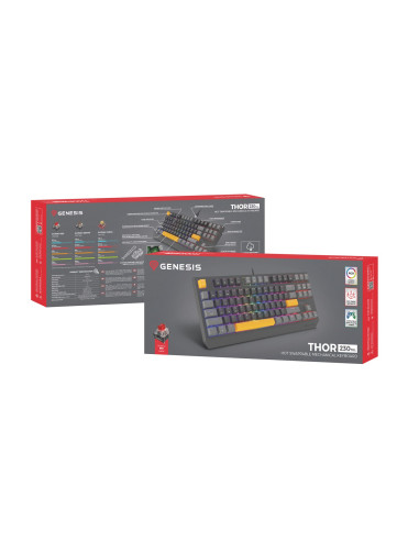 Genesis Thor 230 Tkl Klawiatura Gaming Usb + Rf Wireless + Bluetooth Qwerty Czarny, Szary, Pomarańczowy