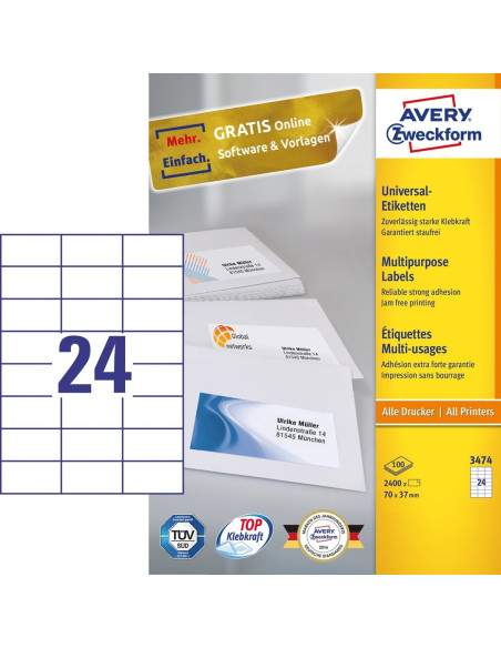 Avery 3474 Samoprzylepne Etykiety Prostokąt Na Stałe Biały 2400 Szt.