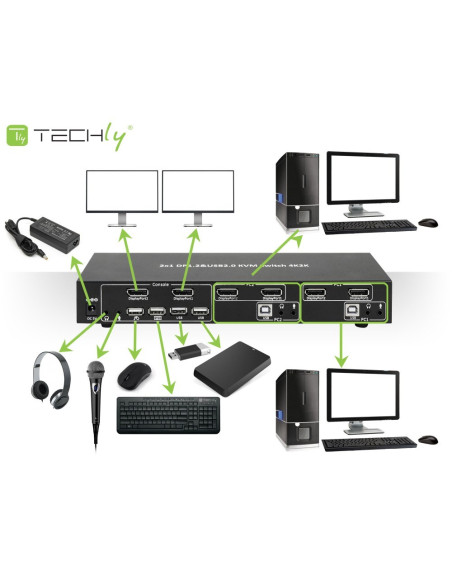 Techly Idata Dp-Kvm2 Przełącznik Kvm Czarny