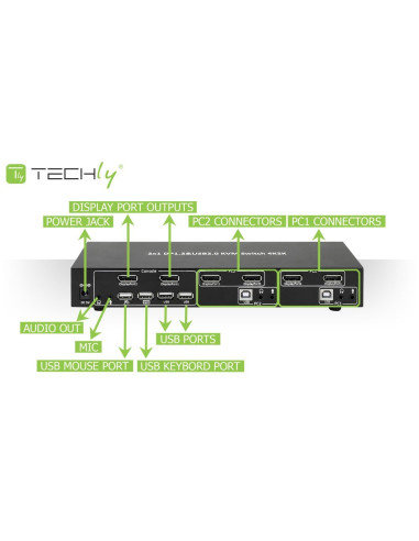 Techly Idata Dp-Kvm2 Przełącznik Kvm Czarny