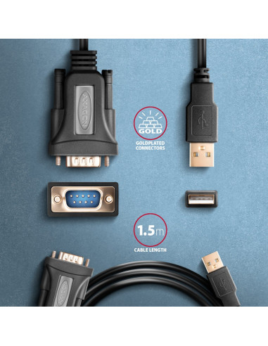 Axagon Ads-1Pqn Usb-A 2.0 - Serial Rs-232 Db9-M Ftdi Adapter Cable 1.5M - Adapter - Digital/Daten Kabel Równoległy Czarny 1,5 M 
