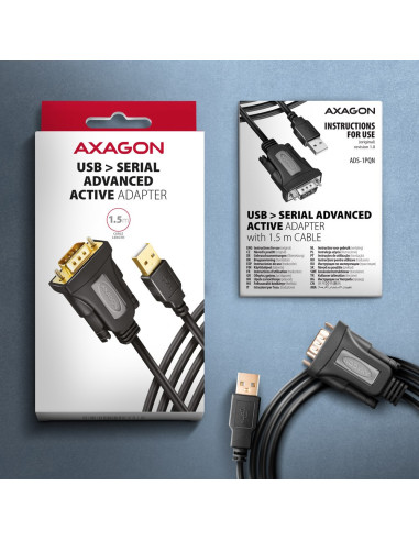 Axagon Ads-1Pqn Usb-A 2.0 - Serial Rs-232 Db9-M Ftdi Adapter Cable 1.5M - Adapter - Digital/Daten Kabel Równoległy Czarny 1,5 M 