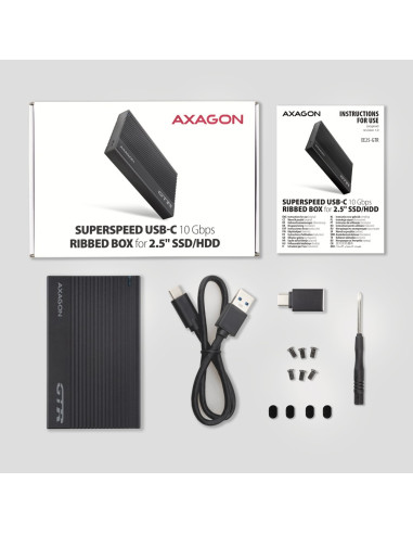 Axagon Ee25-Gtr Usb-C 3.2 Gen 2 - Sata 6G 2.5\" Externes Festplattengehäuse Geriffelt Obudowa Hdd/Ssd Czarny 2.5"