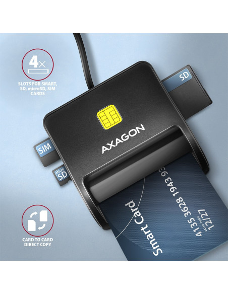 Axagon Cre-Sm3Sd Usb Smart Card & Sd/Microsd/Sim Flat Czytnik Do Kart Chipowych Wewnętrzna Usb 2.0 Czarny