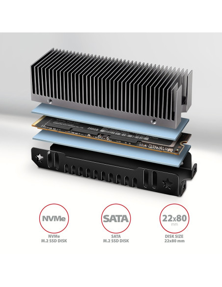 Axagon Clr-M2Xt M.2 Ssd Passivkühler Aluminium - 2280 M.2 Nvme Ssd, Dysk Ssd Radiator Czarny, Szary 1 Szt.