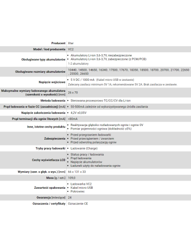 Xtar Ładowarka Do Akumulatorów Cylindrycznych Li-Ion Vc2