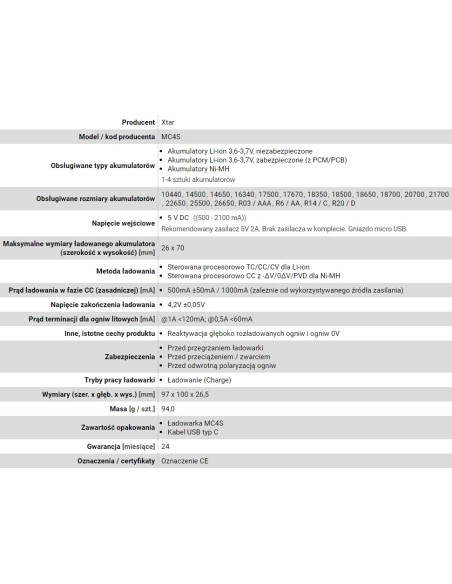 Xtar Ładowarka Do Akumulatorów Cylindrycznych Li-Ion Mc4S