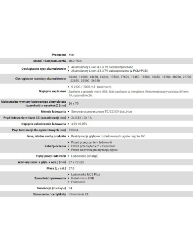 Xtar Ładowarka Do Akumulatorów Cylindrycznych Li-Ion Mc2+