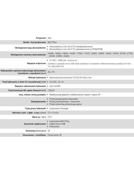Xtar Ładowarka Do Akumulatorów Cylindrycznych Li-Ion Mc2+
