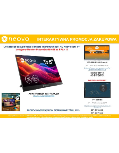 Ag Neovo Monitor Interaktywny 65 Cali Ifp-6503 + Ag Neovo Portable Monitor 15" Oled 4K Usb-C Hdmi Za 1 Zł
