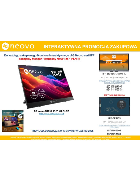 Ag Neovo Monitor Interaktywny 65 Cali Ifp-6503 + Ag Neovo Portable Monitor 15" Oled 4K Usb-C Hdmi Za 1 Zł