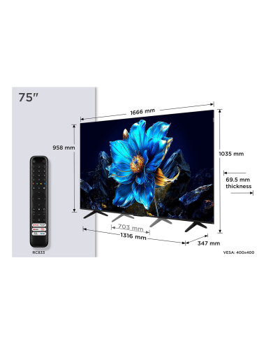 Telewizor Tcl 75P79K Qled 75" 4K Ultra Hd Google Tv Dolby Atmos Dvb-T2 Metaliczny