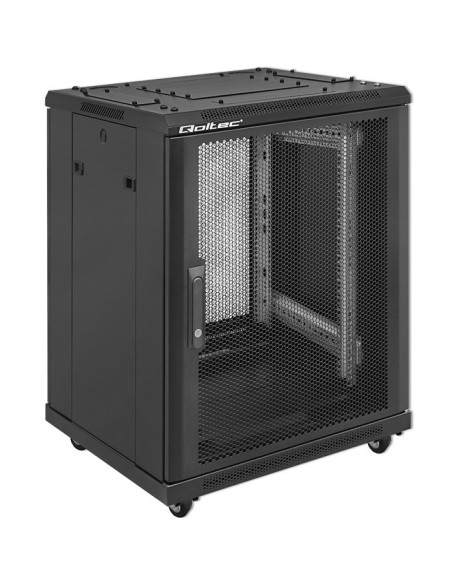 Qoltec Szafa Rack 19" | 15U | 600 X 855 X 600 | Perforowane Drzwi | Stojąca | Nóżki + Kółka | Stalowa Obudowa | Zamek