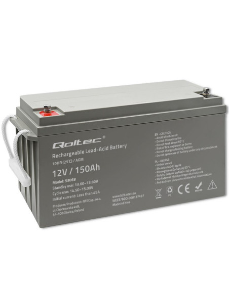 Qoltec Akumulator Agm | 12V | 150Ah | Max. 2250A | 40.1Kg