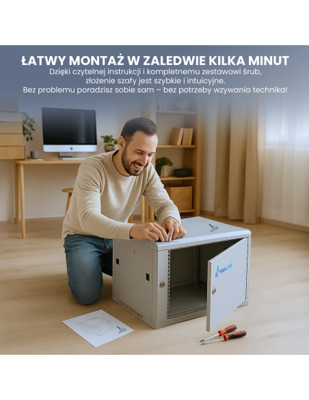 Extralink Szafa Rack 9U 600X600 Asp Szara Montowana Na Ścianie, Drzwi Blaszane Pełne