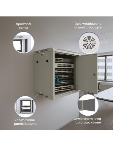 Extralink Szafa Rack 9U 600X600 Asp Szara Montowana Na Ścianie, Drzwi Blaszane Pełne