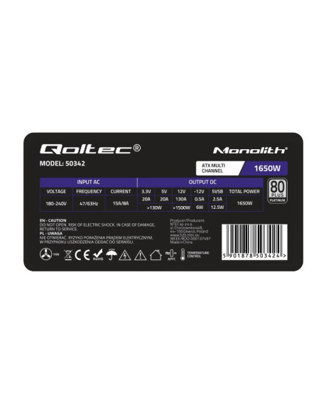 Qoltec Wydajny Zasilacz Atx 1650W | 80 Plus Platinum