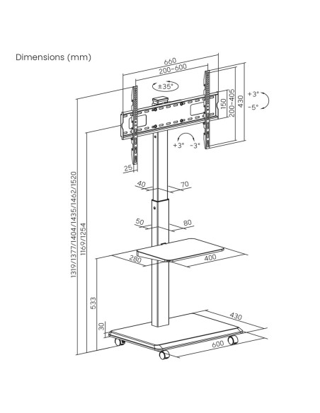 Stand / Wózek Dla Tv Ergo-Office, Max. Obciążenie 50Kg / 5Kg Półka, Max. Vesa 600X400, Wbud. Listwa Zasil., Czarny, Er-304 B