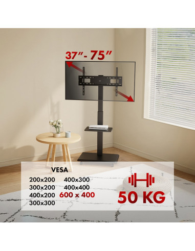 Stand / Wózek Dla Tv Ergo-Office, Max. Obciążenie 50Kg / 5Kg Półka, Max. Vesa 600X400, Wbud. Listwa Zasil., Czarny, Er-304 B