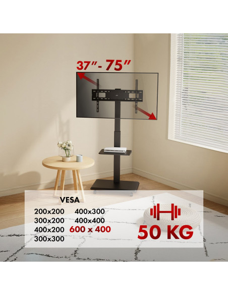 Stand / Wózek Dla Tv Ergo-Office, Max. Obciążenie 50Kg / 5Kg Półka, Max. Vesa 600X400, Wbud. Listwa Zasil., Czarny, Er-304 B
